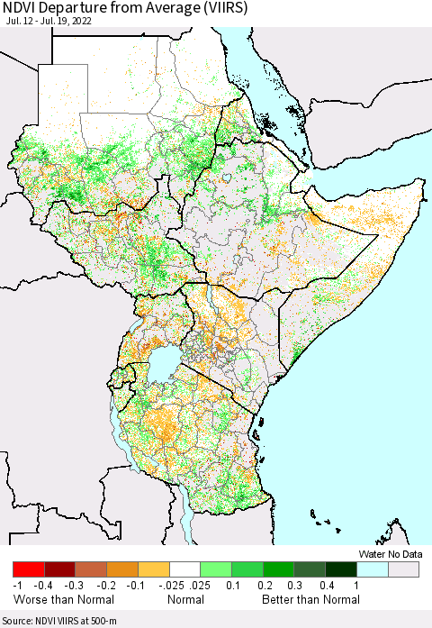 Eastern Africa NDVI Departure from Average (VIIRS) Thematic Map For 7/12/2022 - 7/19/2022