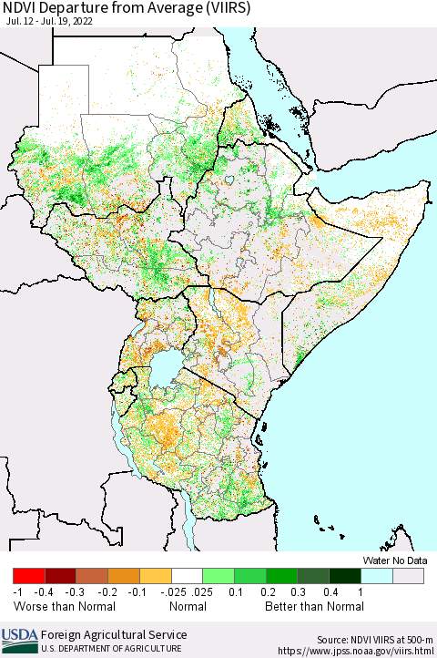 Eastern Africa NDVI Departure from Average (VIIRS) Thematic Map For 7/11/2022 - 7/20/2022