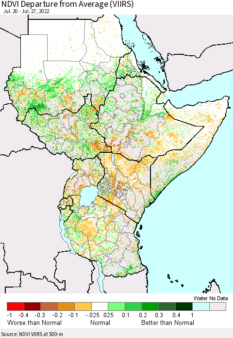 Eastern Africa NDVI Departure from Average (VIIRS) Thematic Map For 7/20/2022 - 7/27/2022