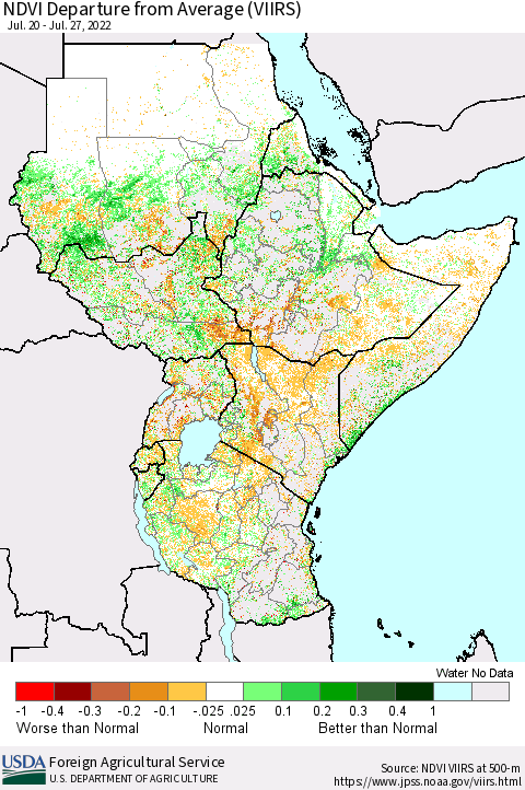 Eastern Africa NDVI Departure from Average (VIIRS) Thematic Map For 7/21/2022 - 7/31/2022