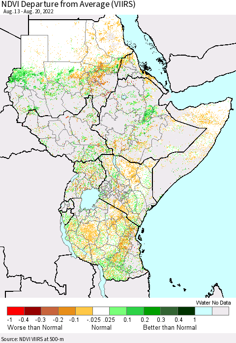 Eastern Africa NDVI Departure from Average (VIIRS) Thematic Map For 8/11/2022 - 8/20/2022