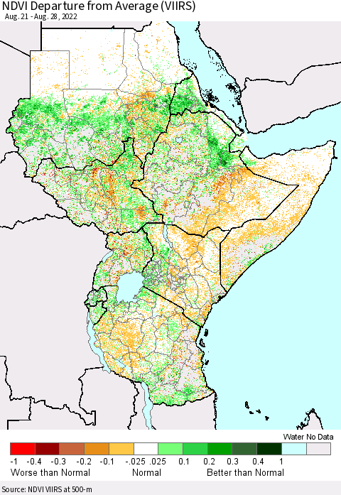 Eastern Africa NDVI Departure from Average (VIIRS) Thematic Map For 8/21/2022 - 8/28/2022