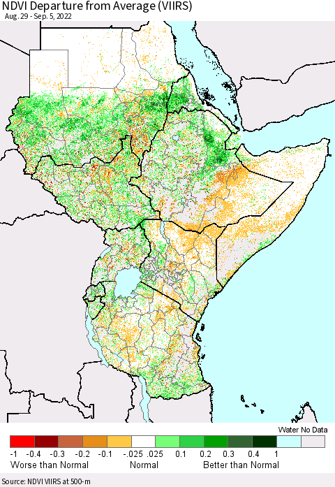 Eastern Africa NDVI Departure from Average (VIIRS) Thematic Map For 8/29/2022 - 9/5/2022
