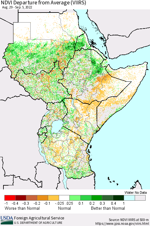 Eastern Africa NDVI Departure from Average (VIIRS) Thematic Map For 9/1/2022 - 9/10/2022