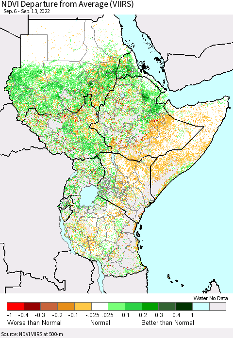 Eastern Africa NDVI Departure from Average (VIIRS) Thematic Map For 9/6/2022 - 9/13/2022