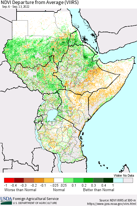 Eastern Africa NDVI Departure from Average (VIIRS) Thematic Map For 9/11/2022 - 9/20/2022