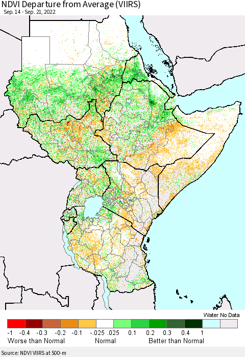 Eastern Africa NDVI Departure from Average (VIIRS) Thematic Map For 9/14/2022 - 9/21/2022