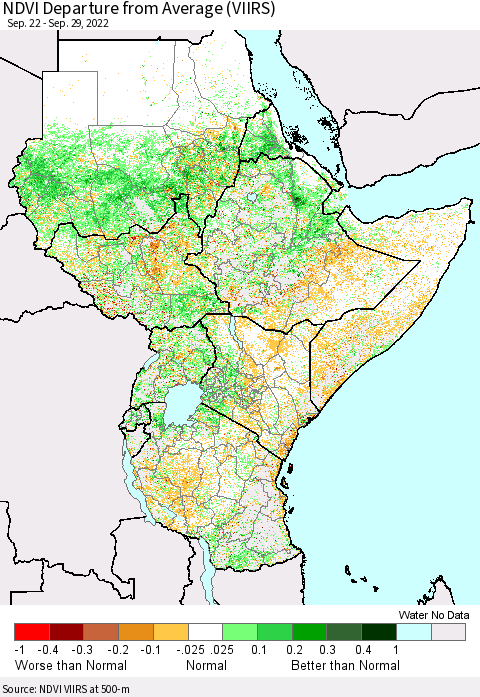 Eastern Africa NDVI Departure from Average (VIIRS) Thematic Map For 9/22/2022 - 9/29/2022