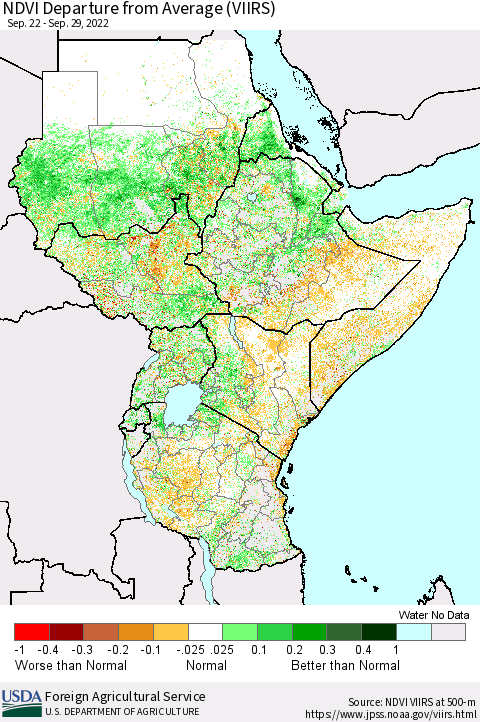 Eastern Africa NDVI Departure from Average (VIIRS) Thematic Map For 9/21/2022 - 9/30/2022