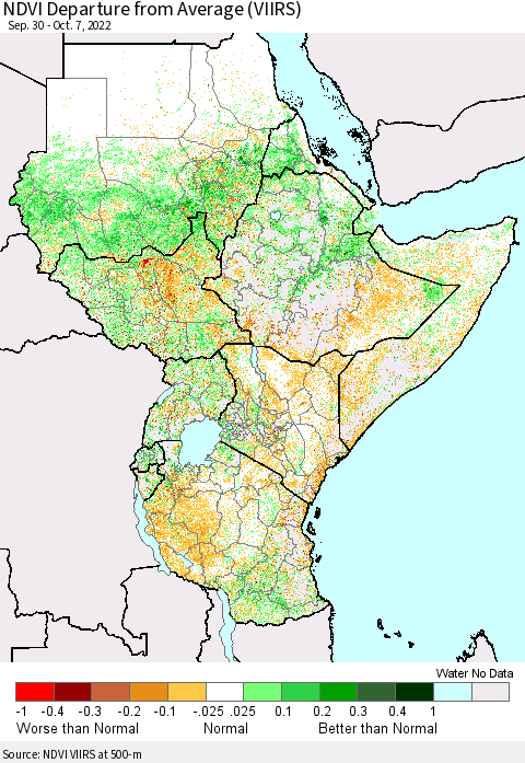 Eastern Africa NDVI Departure from Average (VIIRS) Thematic Map For 9/30/2022 - 10/7/2022