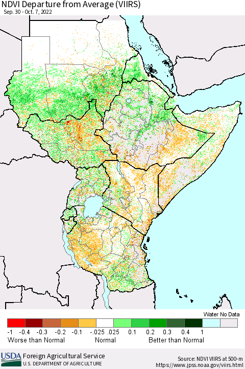 Eastern Africa NDVI Departure from Average (VIIRS) Thematic Map For 10/1/2022 - 10/10/2022