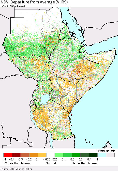 Eastern Africa NDVI Departure from Average (VIIRS) Thematic Map For 10/8/2022 - 10/15/2022