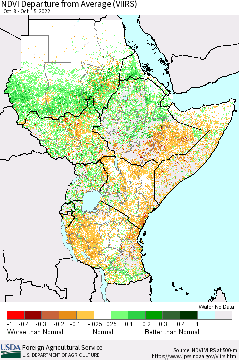 Eastern Africa NDVI Departure from Average (VIIRS) Thematic Map For 10/11/2022 - 10/20/2022