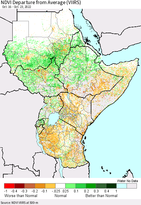 Eastern Africa NDVI Departure from Average (VIIRS) Thematic Map For 10/16/2022 - 10/23/2022