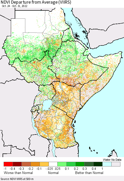 Eastern Africa NDVI Departure from Average (VIIRS) Thematic Map For 10/24/2022 - 10/31/2022