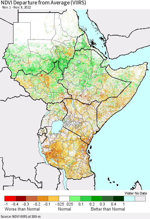 Eastern Africa NDVI Departure from Average (VIIRS) Thematic Map For 11/1/2022 - 11/8/2022