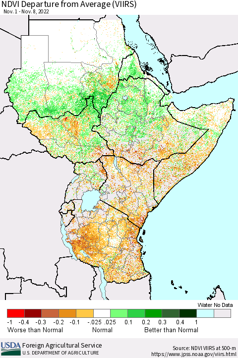 Eastern Africa NDVI Departure from Average (VIIRS) Thematic Map For 11/1/2022 - 11/10/2022