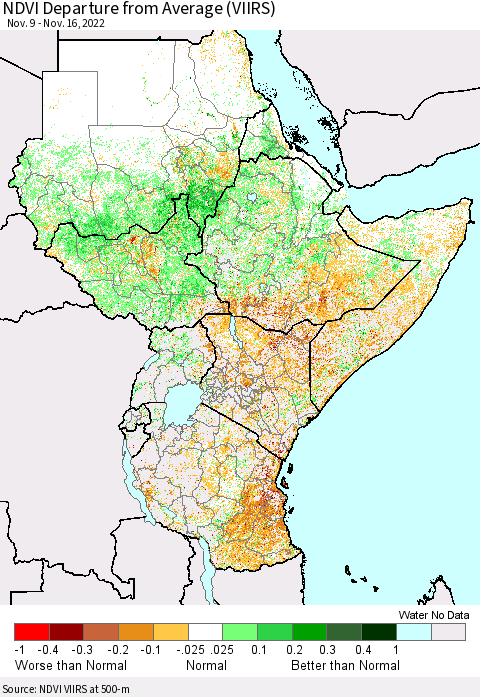 Eastern Africa NDVI Departure from Average (VIIRS) Thematic Map For 11/9/2022 - 11/16/2022