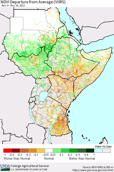Eastern Africa NDVI Departure from Average (VIIRS) Thematic Map For 11/11/2022 - 11/20/2022