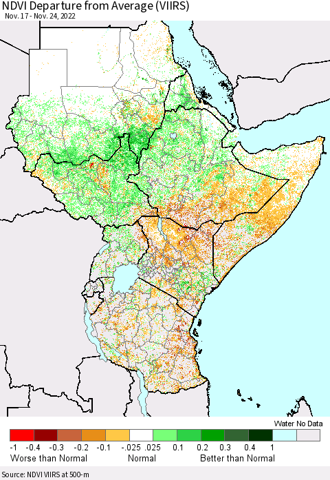 Eastern Africa NDVI Departure from Average (VIIRS) Thematic Map For 11/17/2022 - 11/24/2022