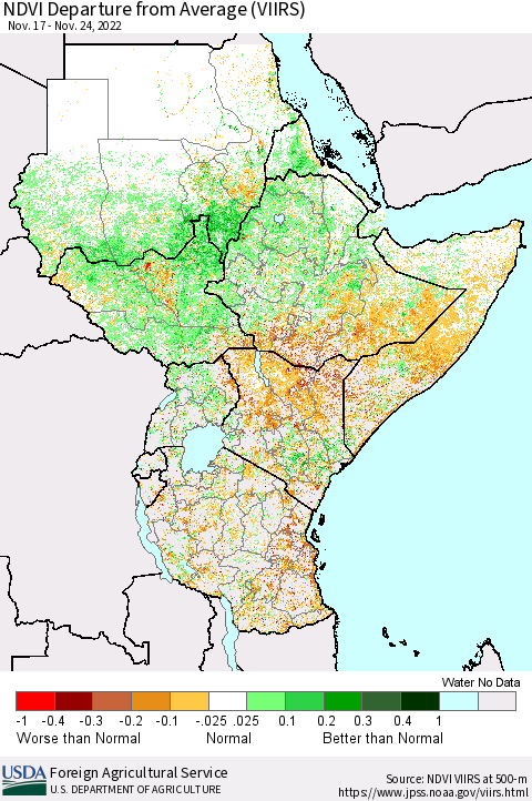Eastern Africa NDVI Departure from Average (VIIRS) Thematic Map For 11/21/2022 - 11/30/2022