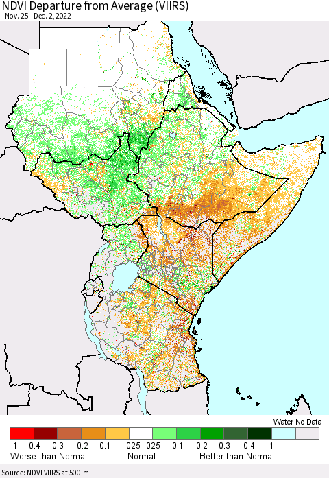 Eastern Africa NDVI Departure from Average (VIIRS) Thematic Map For 11/25/2022 - 12/2/2022