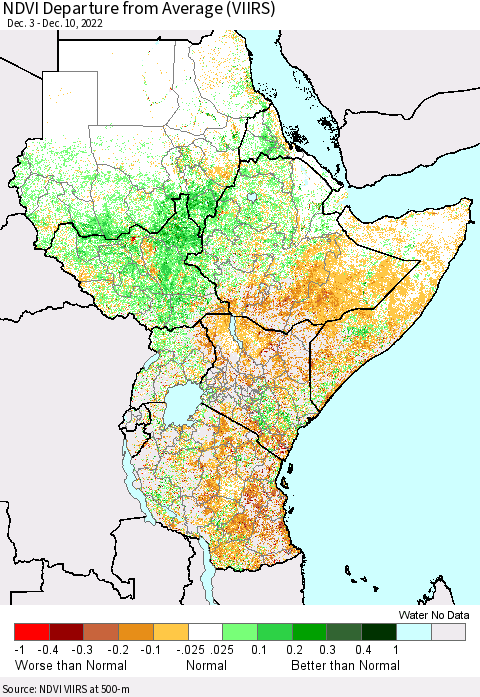 Eastern Africa NDVI Departure from Average (VIIRS) Thematic Map For 12/1/2022 - 12/10/2022