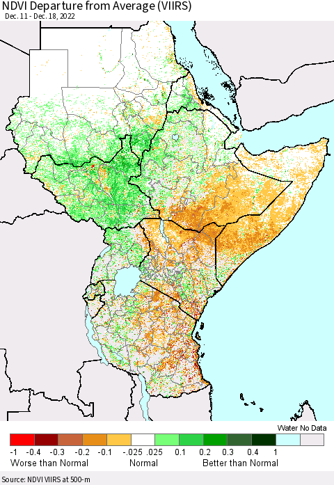 Eastern Africa NDVI Departure from Average (VIIRS) Thematic Map For 12/11/2022 - 12/18/2022