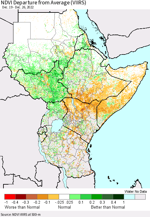 Eastern Africa NDVI Departure from Average (VIIRS) Thematic Map For 12/19/2022 - 12/26/2022