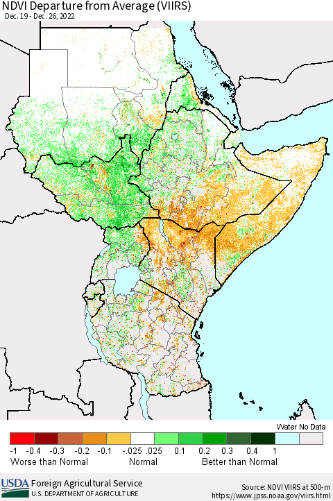 Eastern Africa NDVI Departure from Average (VIIRS) Thematic Map For 12/21/2022 - 12/31/2022