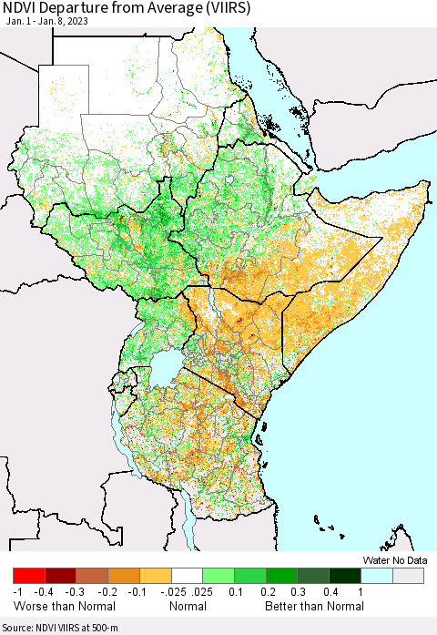 Eastern Africa NDVI Departure from Average (VIIRS) Thematic Map For 1/1/2023 - 1/8/2023