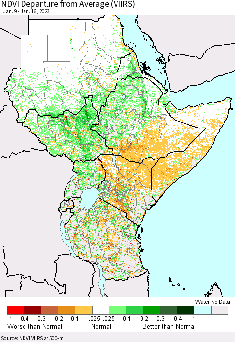Eastern Africa NDVI Departure from Average (VIIRS) Thematic Map For 1/9/2023 - 1/16/2023
