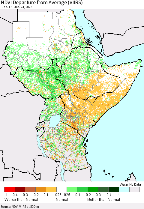 Eastern Africa NDVI Departure from Average (VIIRS) Thematic Map For 1/17/2023 - 1/24/2023