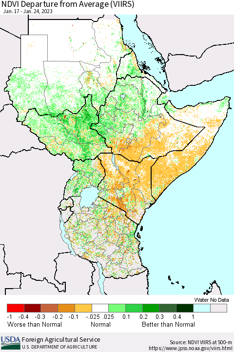 Eastern Africa NDVI Departure from Average (VIIRS) Thematic Map For 1/21/2023 - 1/31/2023