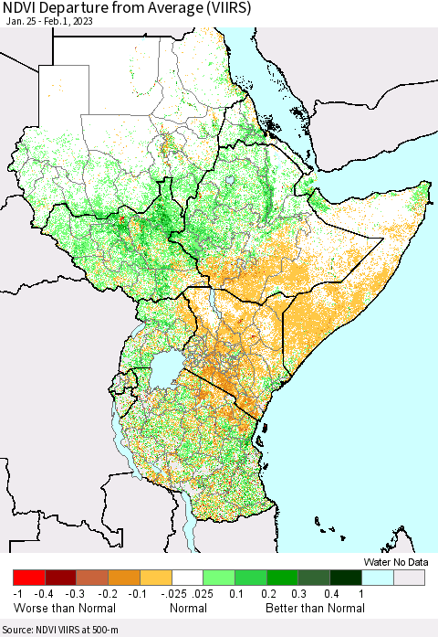 Eastern Africa NDVI Departure from Average (VIIRS) Thematic Map For 1/25/2023 - 2/1/2023