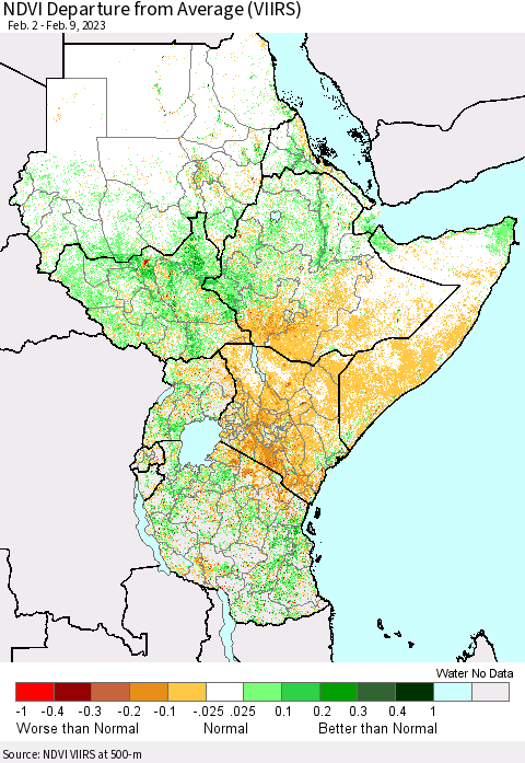 Eastern Africa NDVI Departure from Average (VIIRS) Thematic Map For 2/2/2023 - 2/9/2023