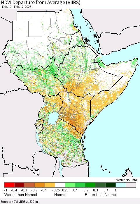 Eastern Africa NDVI Departure from Average (VIIRS) Thematic Map For 2/10/2023 - 2/17/2023