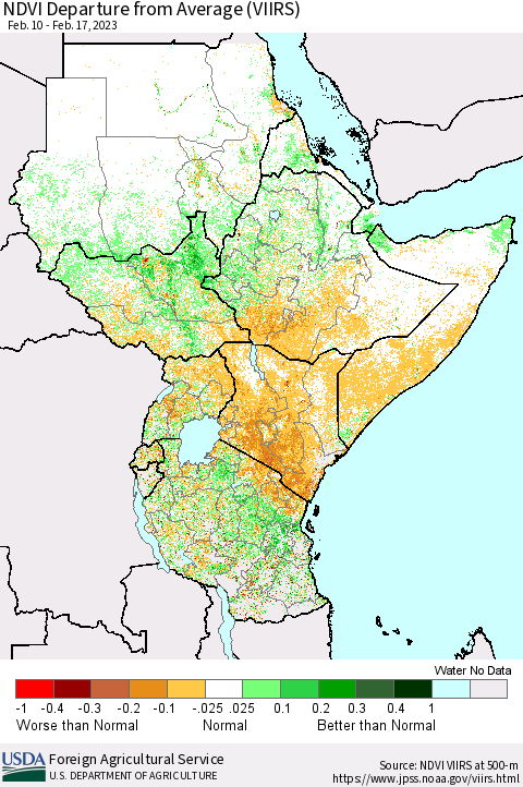 Eastern Africa NDVI Departure from Average (VIIRS) Thematic Map For 2/11/2023 - 2/20/2023