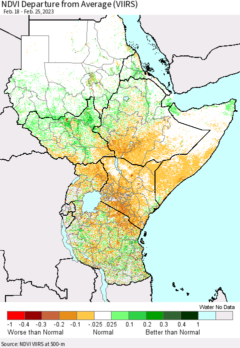 Eastern Africa NDVI Departure from Average (VIIRS) Thematic Map For 2/18/2023 - 2/25/2023
