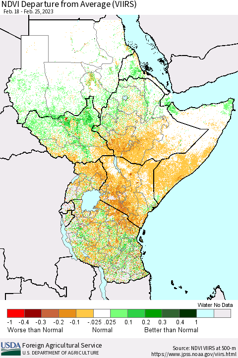 Eastern Africa NDVI Departure from Average (VIIRS) Thematic Map For 2/21/2023 - 2/28/2023