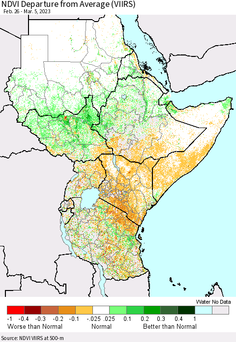 Eastern Africa NDVI Departure from Average (VIIRS) Thematic Map For 2/26/2023 - 3/5/2023