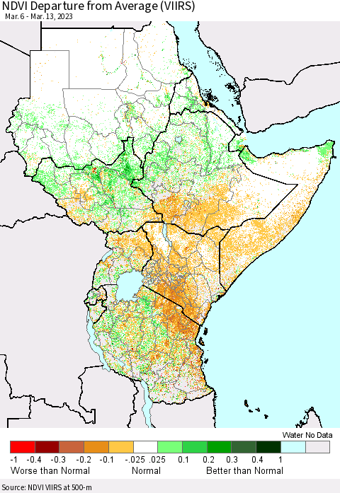 Eastern Africa NDVI Departure from Average (VIIRS) Thematic Map For 3/6/2023 - 3/13/2023