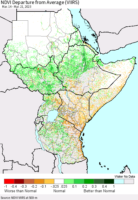 Eastern Africa NDVI Departure from Average (VIIRS) Thematic Map For 3/14/2023 - 3/21/2023