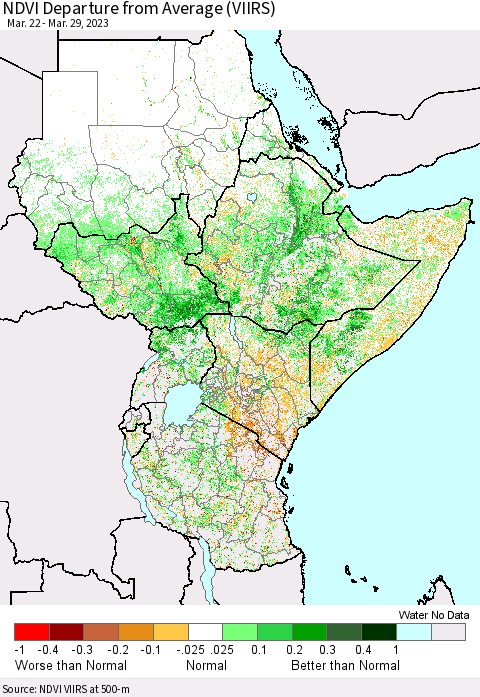 Eastern Africa NDVI Departure from Average (VIIRS) Thematic Map For 3/22/2023 - 3/29/2023