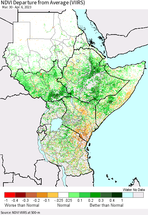 Eastern Africa NDVI Departure from Average (VIIRS) Thematic Map For 3/30/2023 - 4/6/2023
