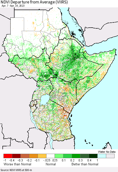 Eastern Africa NDVI Departure from Average (VIIRS) Thematic Map For 4/7/2023 - 4/14/2023
