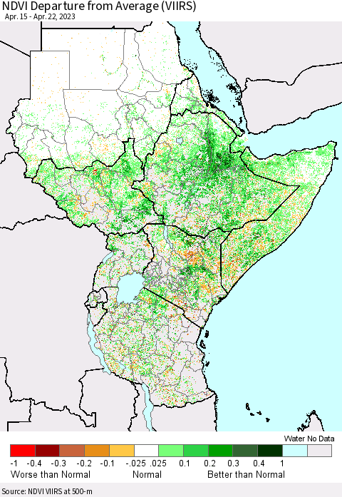 Eastern Africa NDVI Departure from Average (VIIRS) Thematic Map For 4/15/2023 - 4/22/2023