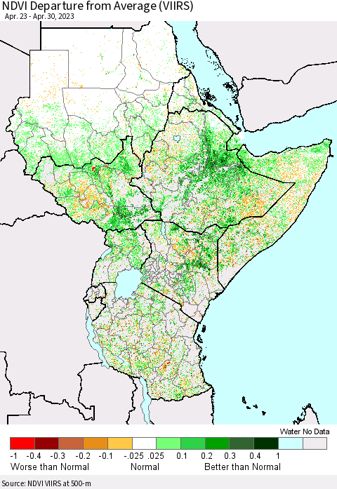 Eastern Africa NDVI Departure from Average (VIIRS) Thematic Map For 4/23/2023 - 4/30/2023