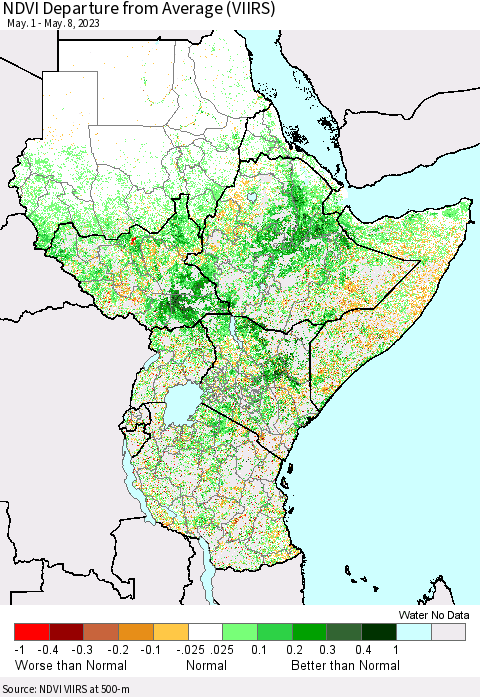 Eastern Africa NDVI Departure from Average (VIIRS) Thematic Map For 5/1/2023 - 5/8/2023