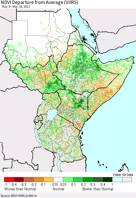 Eastern Africa NDVI Departure from Average (VIIRS) Thematic Map For 5/9/2023 - 5/16/2023